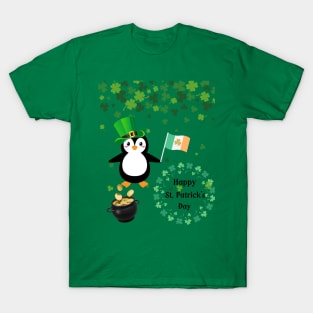 Happy St Patrick's Day Penguin With Pot of Gold and Irish Flag T-Shirt